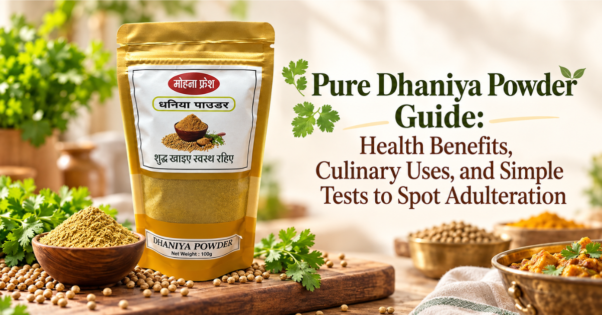 Mohana Fresh dhaniya powder guide with coriander powder and whole coriander seeds