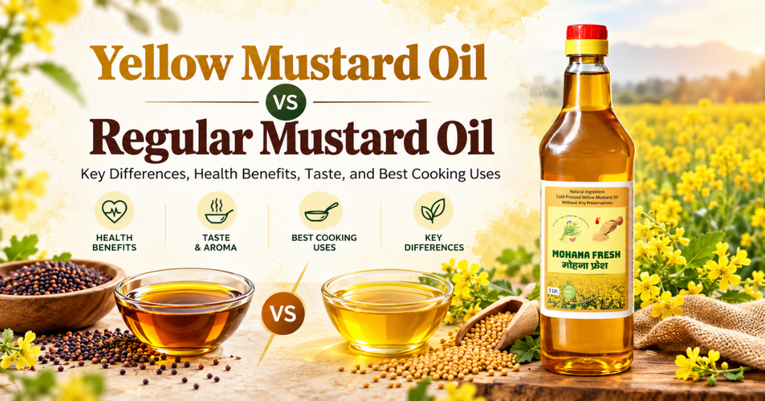 Yellow mustard oil versus regular mustard oil comparison with Mohana Fresh bottle, oil bowls and mustard flowers